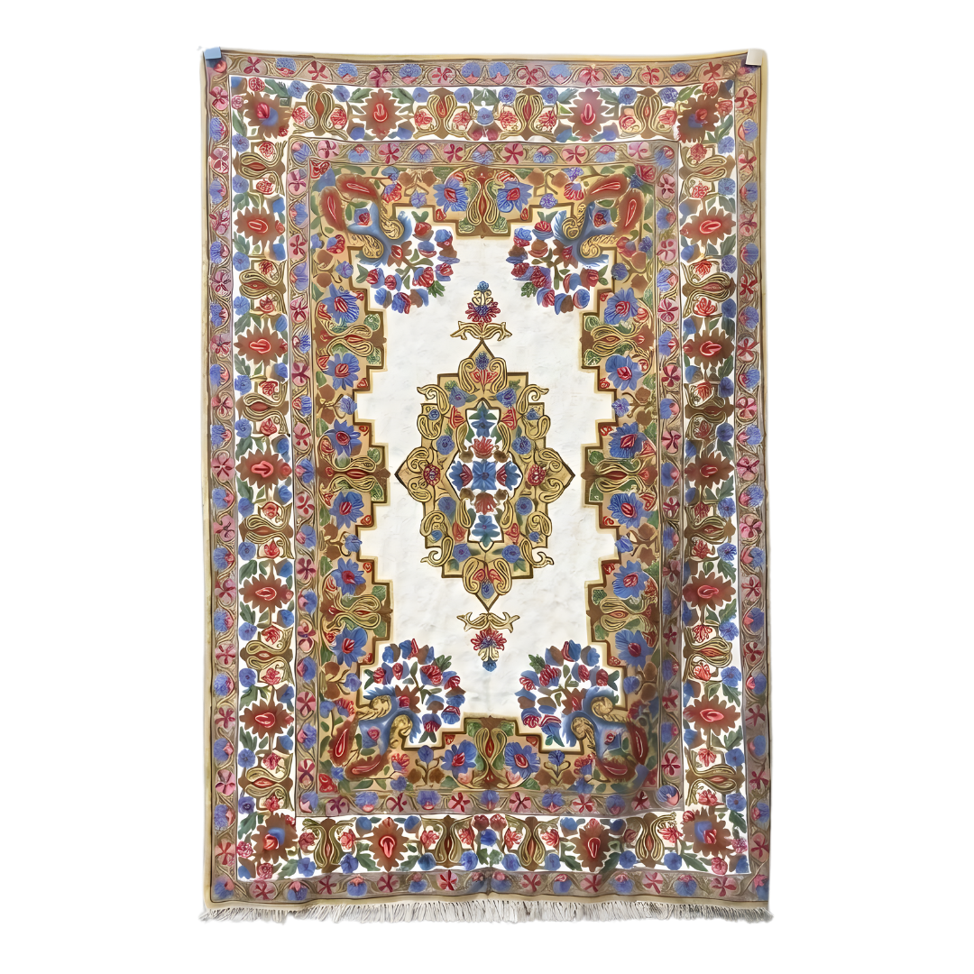 Handmade Kashmiri Chain Stitch Rug – Safeed Arthbil Design (6x4 ft)